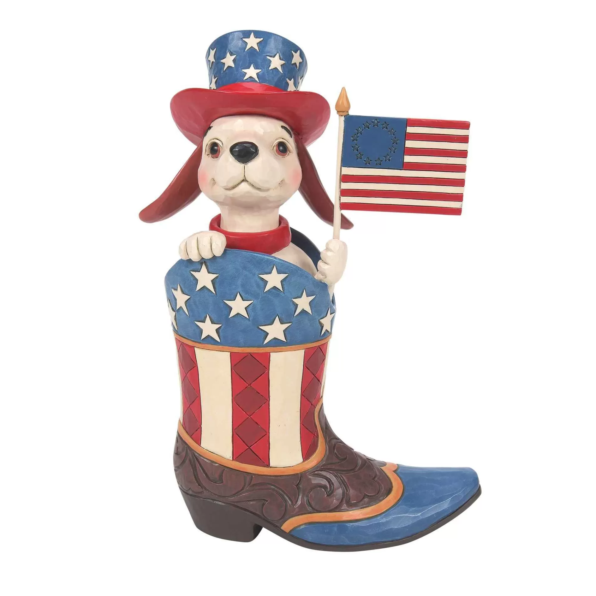 Jim Shore Heartwood Creek Boot With Dog Holding Flag Fig